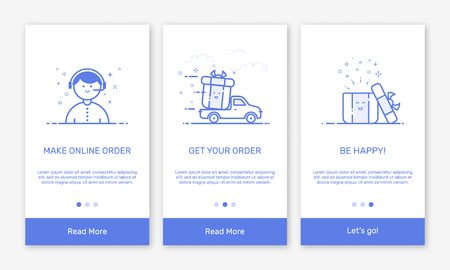 Vector Illustration of onboarding app screens and flat line web icons for e-commerce mobile apps . Modern interface UX, UI GUI screen template for mobile smart phone. Concept delivery service.のイラスト素材