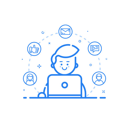Vector illustration of blue icon in flat line style. Linear cute and happy man with laptop. Graphic design concept of social networking in Web Project and Applications Outline isolated object.のイラスト素材