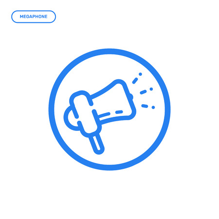 Vector illustration of flat line megaphone icon. Graphic design concept of digital marketing. Use in Web Project and Applications. Blue outline isolated object.のイラスト素材