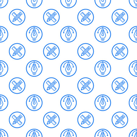 Vector illustration of seamless pattern with blue icons in flat line style. Linear pen and ruler. Use in web project applications, posters and banners. Outline isolated object.のイラスト素材