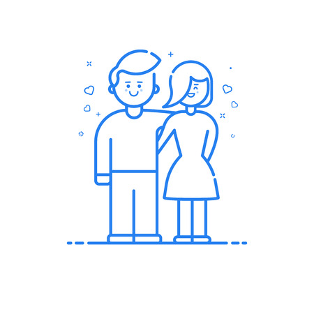 Vector illustration of blue icon in flat line style. Linear cute and happy girl and boy. Graphic design concept of lovely couple in Web Project and Applications Outline isolated object.のイラスト素材