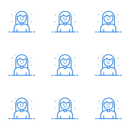 Vector illustration of blue icons in flat line style. Linear cute and happy woman. Graphic design concept of Emoji and Avatar. Use in Web Project and Applications Outline isolated object.のイラスト素材