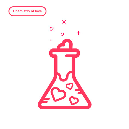 Vector illustration of icon concept chemestry of love. in flat bold line style. Valentines day graphic design pink flask filled with hearts. Outline object.のイラスト素材