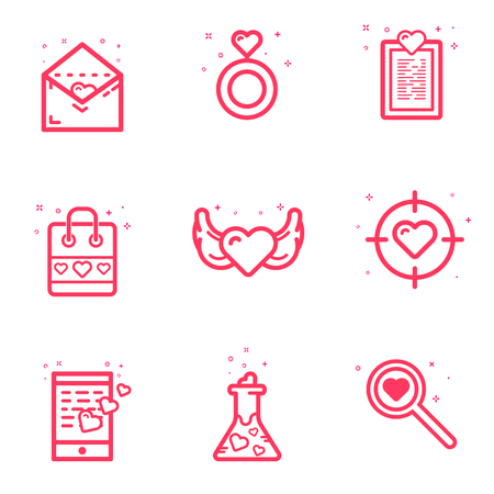 Vector illustration of set icons Valentines day concept in flat bold line style. Graphic design pink love letter, ring, loves note, bag, heart with wings, love target, flask filled hearts.のイラスト素材
