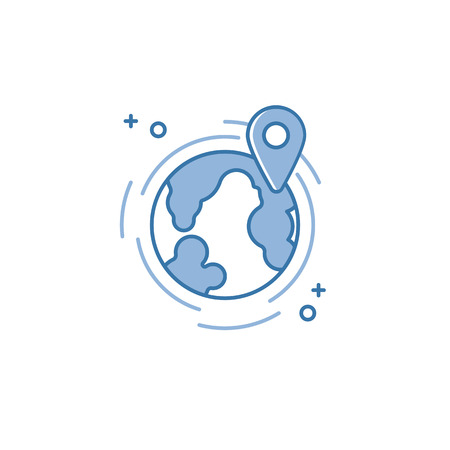 Vector illustration of flat line earth with map pin icon. Graphic design concept of navigation. Use in Web Project and Applications. Blue outline isolated object.のイラスト素材