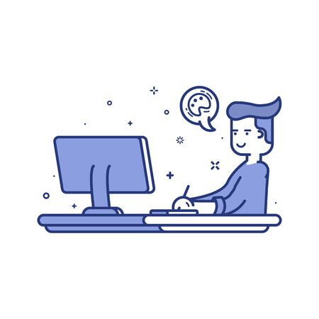 Vector illustration of blue icon in flat line style. Linear cute and happy man with desktop. Graphic design concept of graphic designer use in Web Project and Applications Outline isolated object.の写真素材