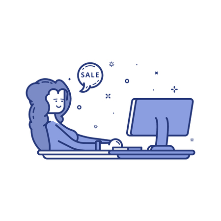 Vector illustration of blue icon in flat line style. Linear cute and happy woman with laptop. Graphic design concept of online shopping and sale. Outline isolated object.の写真素材