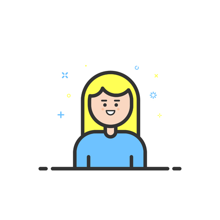 Vector illustration of color icon in flat line style. Linear blue cute and happy girl.の写真素材