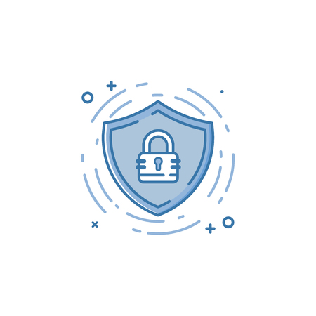 Vector business illustration of blue colors protection shield and lock icon in linear style. Graphic design concept of web security guard. Outline object. Use in project and mobile applications.のイラスト素材