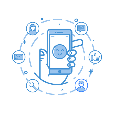 Vector illustration in flat bold linear style. Boy holding mobile phone with smile on his face.のイラスト素材