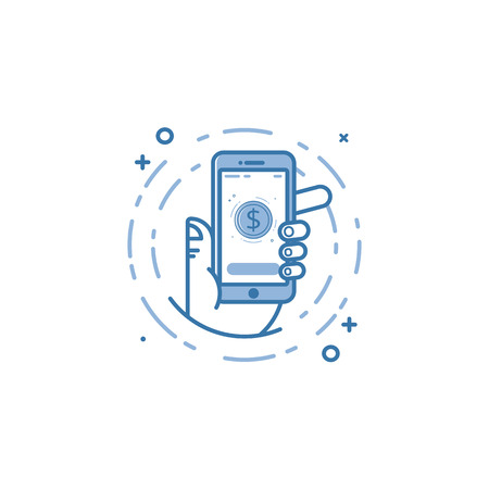 Vector business illustration of blue colors hand and mobile phone icon in line style.のイラスト素材