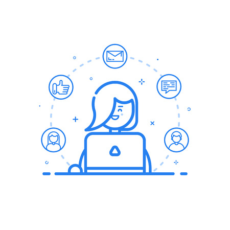 illustration of blue icon in flat line style. Linear cute and happy woman with laptop.の写真素材