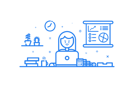 Illustration of blue icon in flat line style. Graphic design concept of woman financial accountant.の写真素材