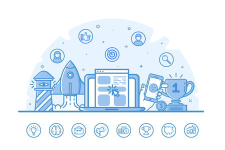 Illustration of website banner with blue icons in flat outline filled style.のイラスト素材