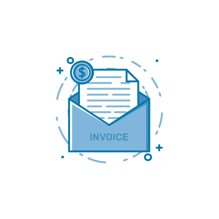 Vector illustration of filled bold outline open envelop with web page and coin icon. Graphic design concept of internet invoice, news money letter. Blue flat line isolated object.のイラスト素材