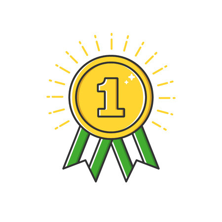 Vector business illustration of gold badge medal with ribbon icon in flat line style.のイラスト素材