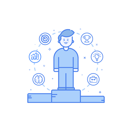 Vector illustration in flat bold linear style with boy and blue icons.のイラスト素材