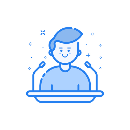 Vector illustration in flat bold linear style with boy - orator speaking from tribune.のイラスト素材