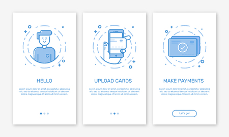 Vector Illustration of onboarding app screens and web concept with welcome, mobile, credit cards in line style.の写真素材