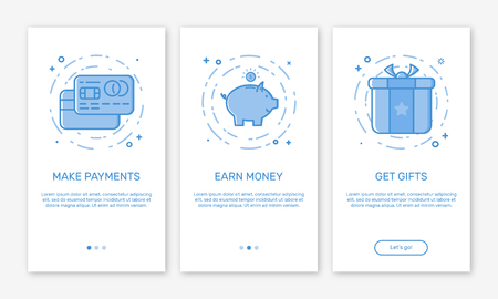 Vector Illustration of onboarding app screens and web concept with welcome, mobile, credit cards in line style.の写真素材