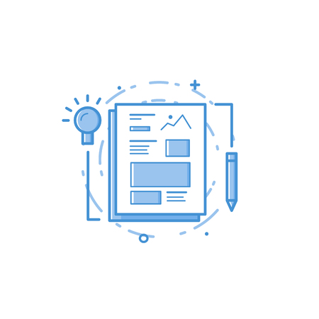 Vector business illustration of blue colors web pages, bulb and penin line style. Graphic design concept of web design. Use in Web Project and app. Outline objectの写真素材