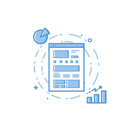 Vector business illustration of blue colors web site prototype with statistics and analytics in filed line style. Graphic design concept of ux design. Use in Web Project and app. Outline objectの写真素材