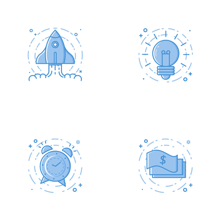 Vector business Illustration in filled bold line style. Set of outline cute and simple icons with rocket, bulb, alarm clock and cash. Use in Web Project and Applications Outline isolated object.の写真素材