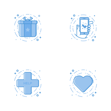 Vector business Illustration in filled bold line style. Set of outline cute and simple icons with prize, mobil phone in hand, heart and help cross. Use in Web Project and App Outline isolated objectの写真素材