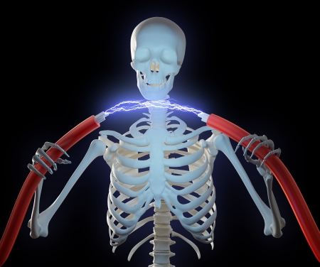 A skeleton holding high voltage cables with an electric discharge between themの写真素材