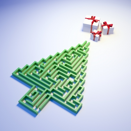 Christmas Tree shaped maze leading to giftsの写真素材