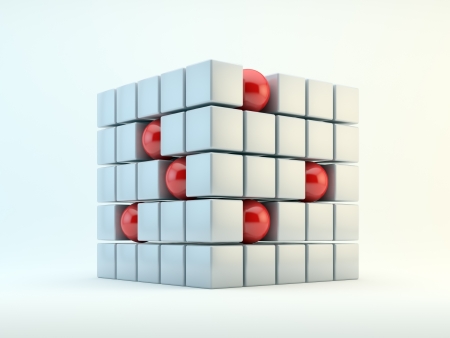 3D red spheres and pearly cubes abstract