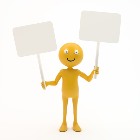 Smiley 3d character holding an empty signの写真素材