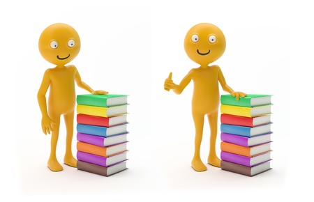 Smiley characters next to a stack of booksの写真素材