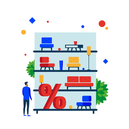 Furniture sale. Shelves with furniture for sale. Vector illustration. Separate objects. To illustrate articles, reports, blogs, news for posting on websites and print media.のイラスト素材
