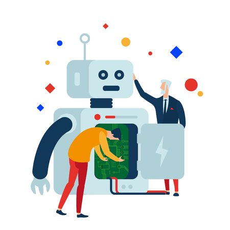 Robotics create, program and repair robots. Vector illustration. Separate objects. Isolate.のイラスト素材
