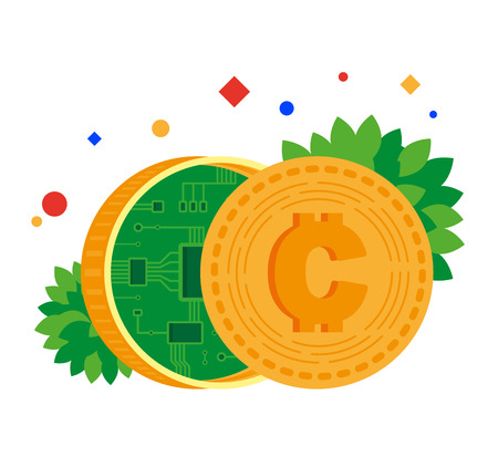Electronic money. Coin with chip inside. Blockchain. Vector illustration. Separate objects. Isolate.のイラスト素材