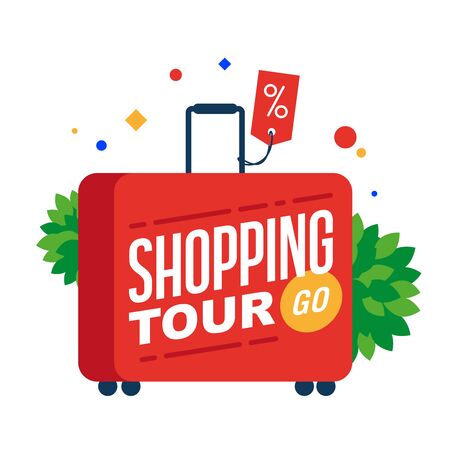Shopping tour. Red suitcase with text.のイラスト素材