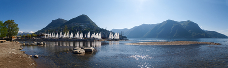 Lugano, Switzerland: view of the gulf from the botanical garden of the cityの写真素材