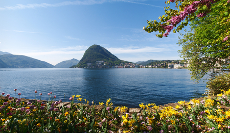 Lugano, Switzerland: view of the gulf from the botanical garden of the cityの写真素材