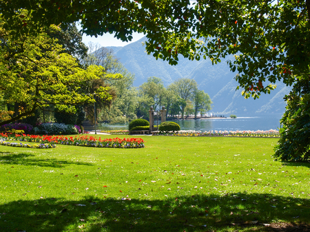 Lugano, Switzerland: view of the gulf from the botanical garden of the cityの写真素材