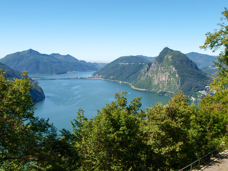 Lugano, Switzerland - Juli 31, 2014: Images of the Gulf of Lugano from Monte BrÃ© above the City.のeditorial素材