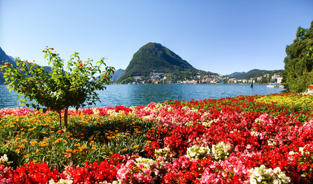 Lugano, Switzerland - Juli 31, 2014: Images of the Gulf of Lugano and Ciani park, botanical park of the city.のeditorial素材