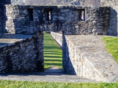 Bellinzona, Switzerland - december 20, 2014: along the pedestrian path of the castles of Castelgrande, Montebello, Sasso Corbaroのeditorial素材