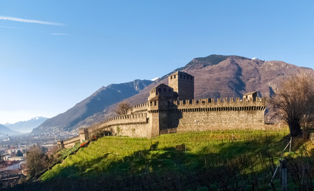 Bellinzona, Switzerland - december 20, 2014: the castles of Castelgrande, Montebello, Sasso Corbaroのeditorial素材