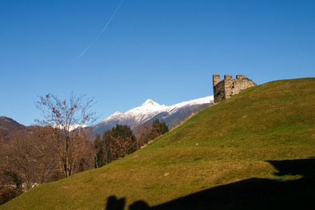 Bellinzona, Switzerland - december 20, 2014: along the pedestrian path of the castles of Castelgrande, Montebello, Sasso Corbaroのeditorial素材