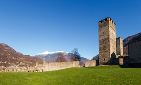 Bellinzona, Switzerland - december 20, 2014: along the pedestrian path of the castles of Castelgrande, Montebello, Sasso Corbaroのeditorial素材