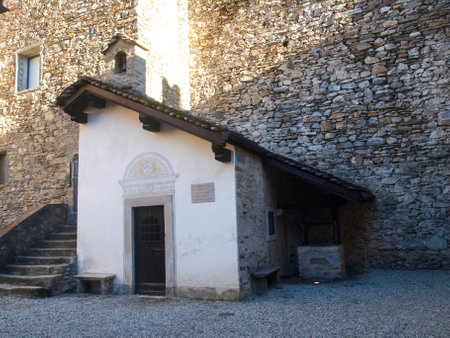 Bellinzona, Switzerland - december 20, 2014: along the pedestrian path of the castles of Castelgrande, Montebello, Sasso Corbaroのeditorial素材