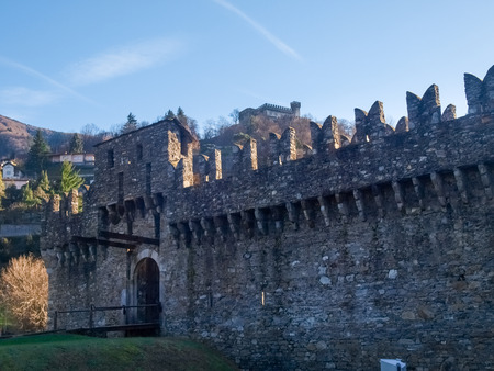 Bellinzona, Switzerland - december 20, 2014: along the pedestrian path of the castles of Castelgrande, Montebello, Sasso Corbaroのeditorial素材