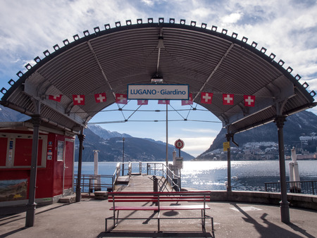 Lugano, Switzerland - january 30,2015: Gulf of Lugano, Visors for docking for lake navigation.のeditorial素材