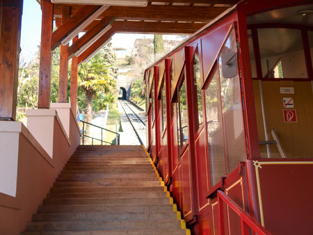 Lugano, Switzerland - March 01, 2015: Funicular for the climb to Monte bre. It is a funicular divided into two childbirth. In the image the cab of the second segment.のeditorial素材